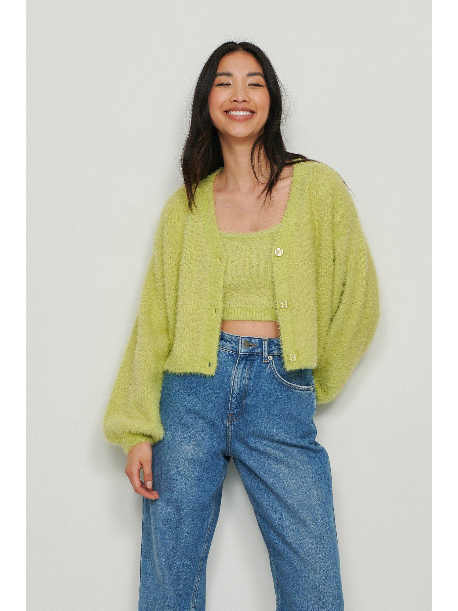 fluffy knitted cropped cardigan light green