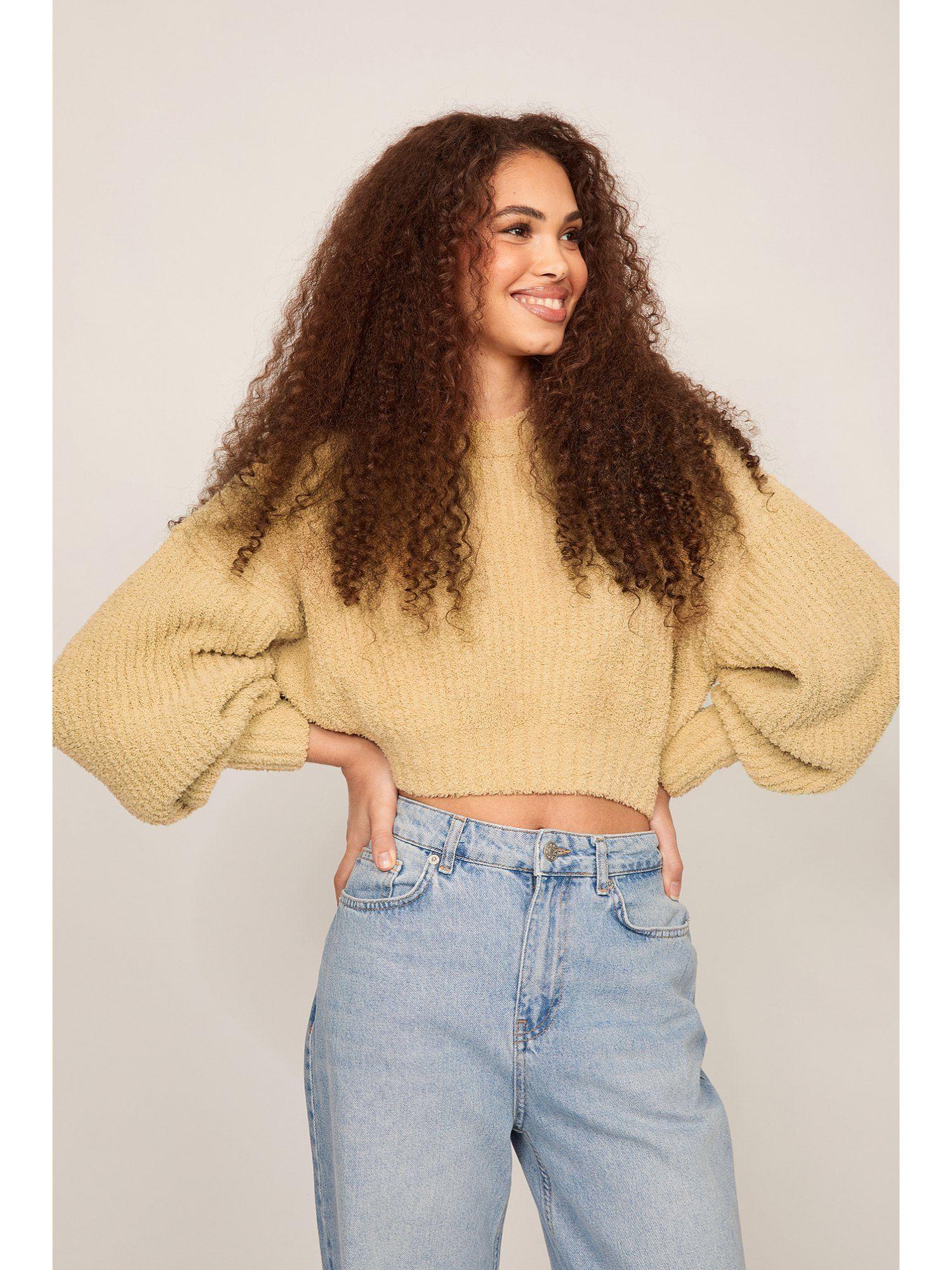 fluffy knitted round neck sweater- beige