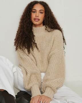 fluffy ribbed pullover with mock collar