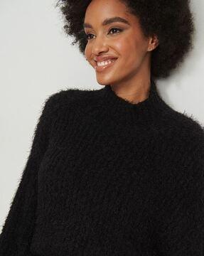fluffy ribbed pullover with mock collar