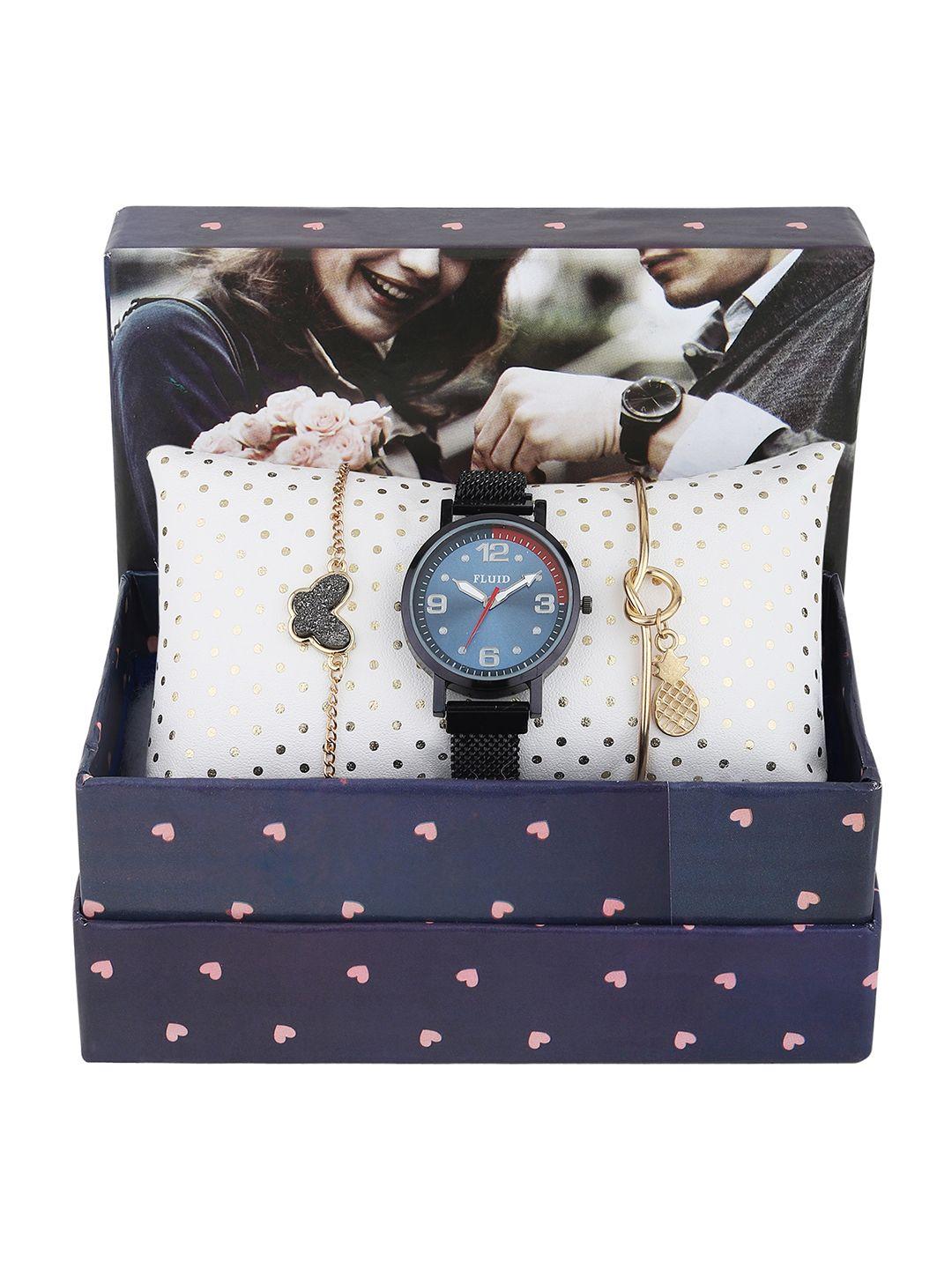 fluid women black watch & gold plated bracelet gift set