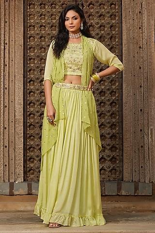 fluorescent green chinon silk lehenga set