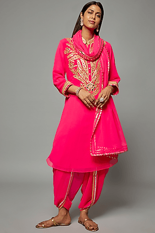 fluorescent pink georgette embroidered kurta set