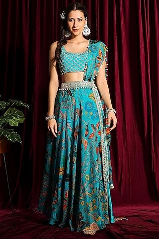 fluorescent turquoise hand embroidered gharara saree set