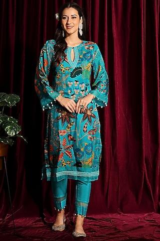 fluorescent turquoise hand embroidered straight tunic set