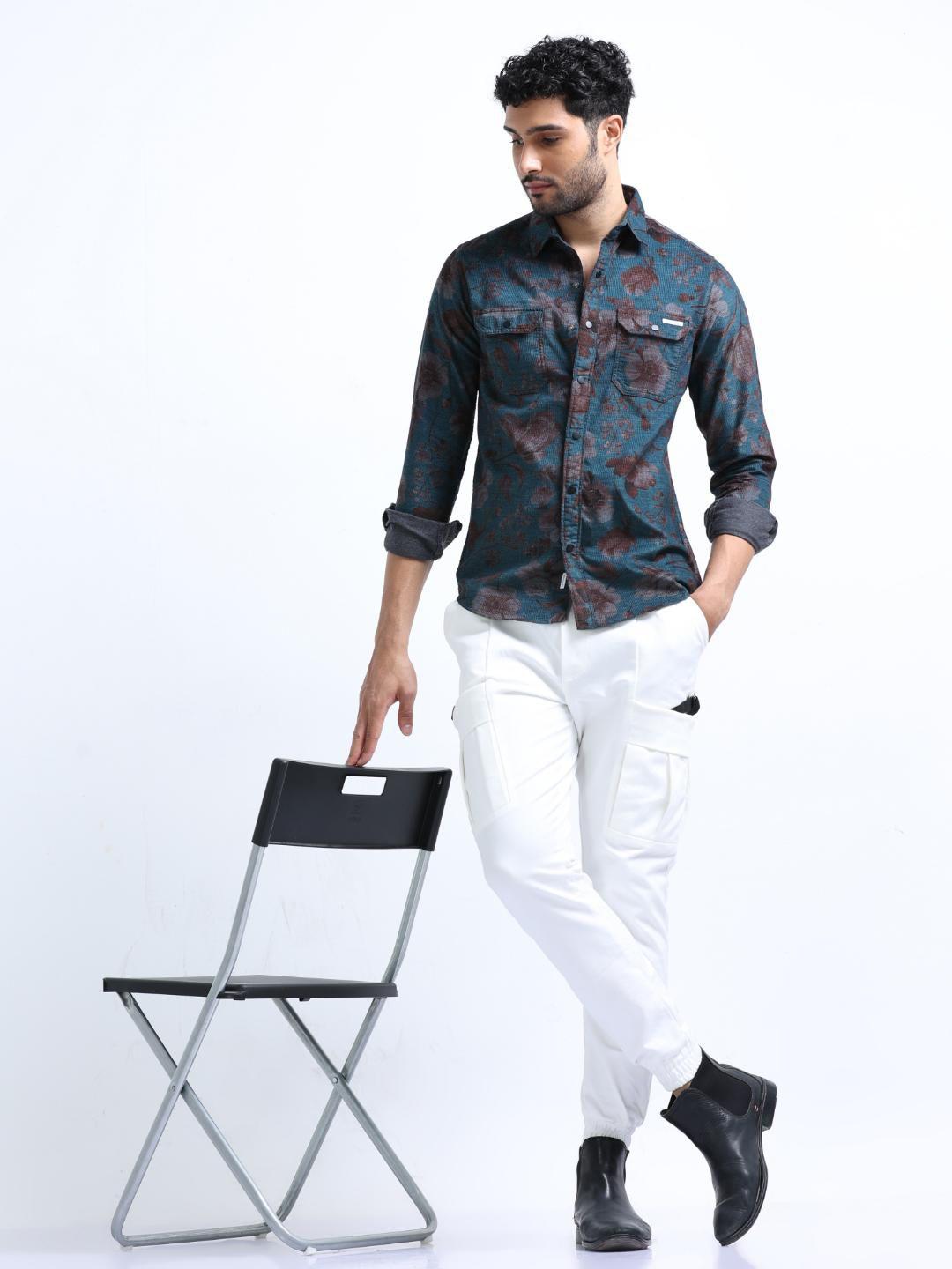 fly 69 premium slim fit floral printed pure cotton corduroy casual shirt