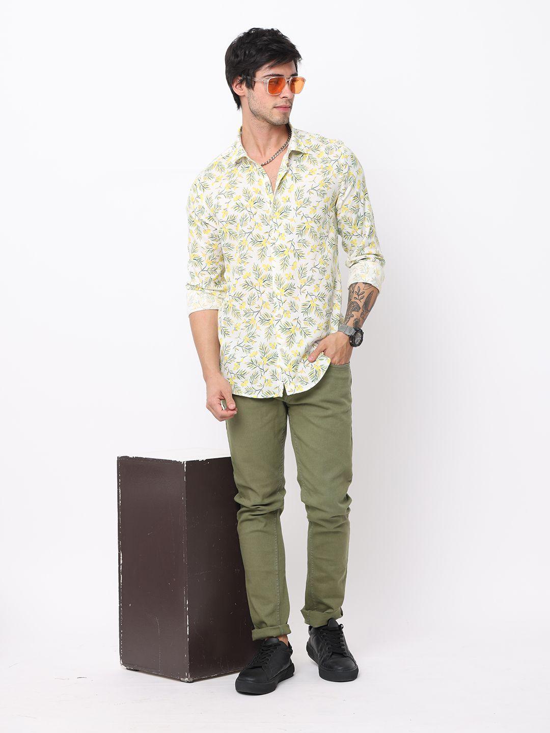 fly 69 premium slim fit floral printed spread collar cotton linen casual shirt