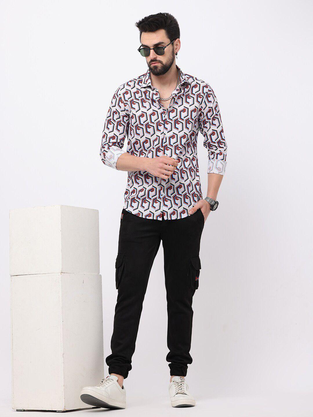 fly 69 premium slim fit geometric printed pure cotton casual shirt