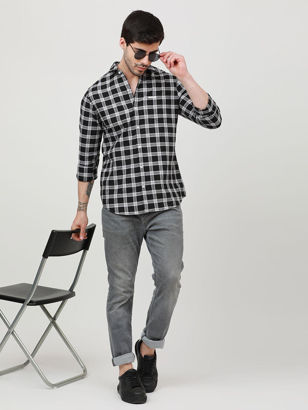 fly 69 premium slim fit gingham checked pure cotton casual shirt