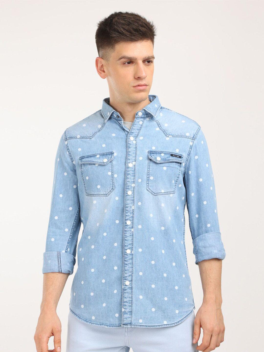 fly 69 premium slim fit polka dots printed denim casual shirt