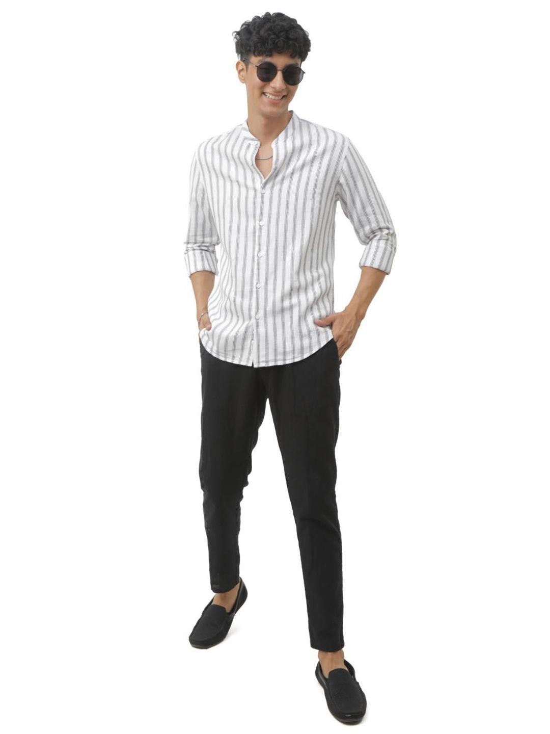 fly 69 premium slim fit vertical striped mandarin collar pure cotton casual shirt