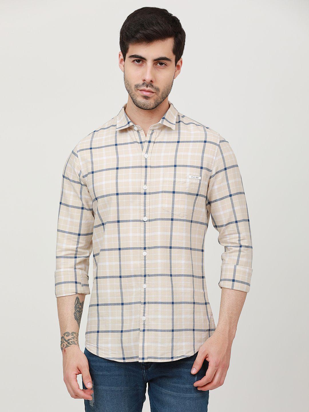 fly 69 premium slim fit windowpane checks pure cotton casual shirt