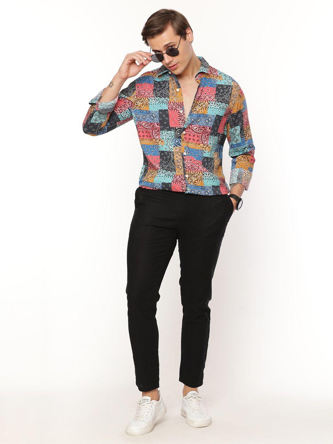 fly 69 spread collar premium slim fit ethnic motifs printed casual pure cotton shirt