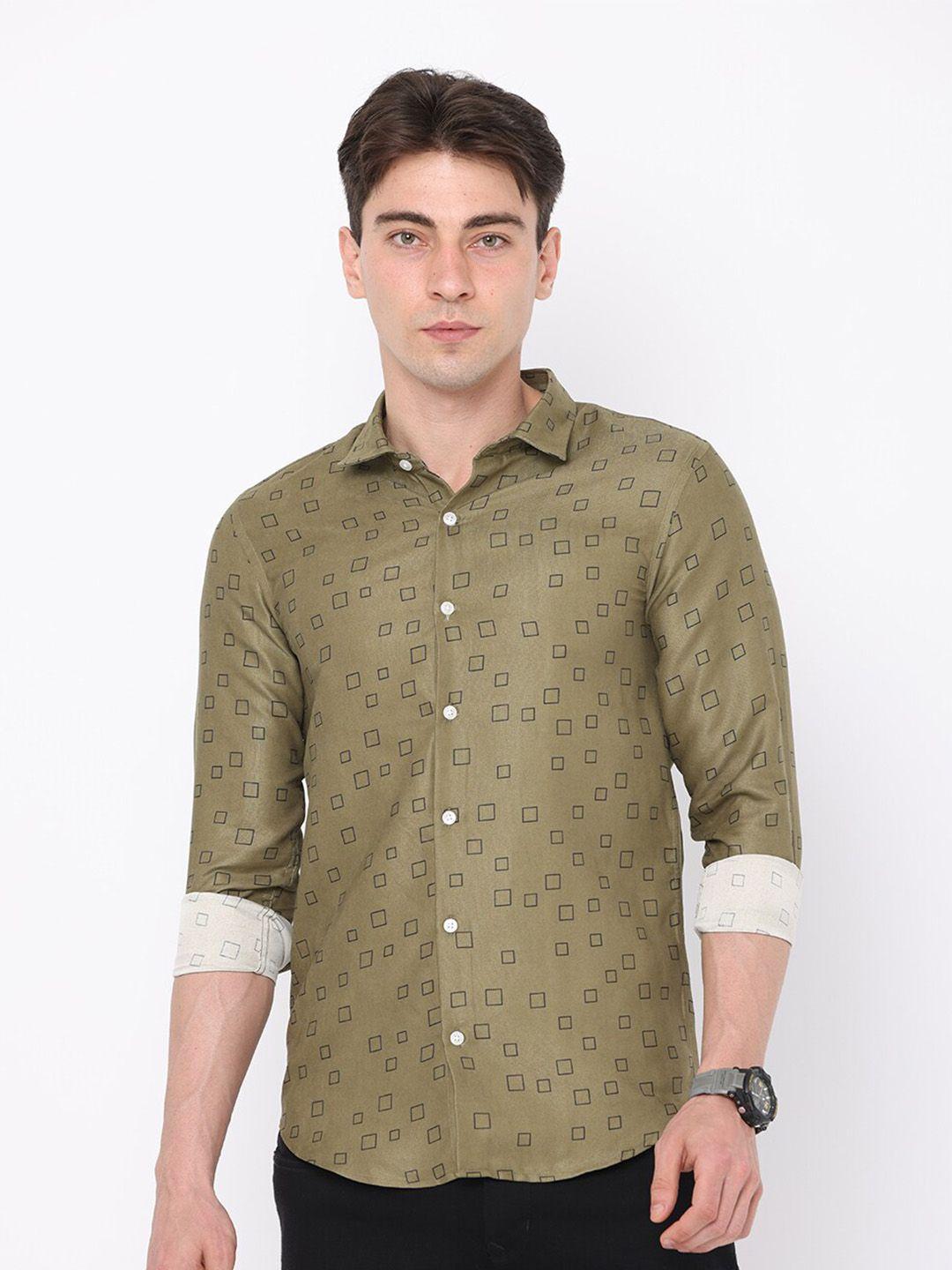 fly 69 spread collar premium slim fit geometric printed casual pure cotton shirt