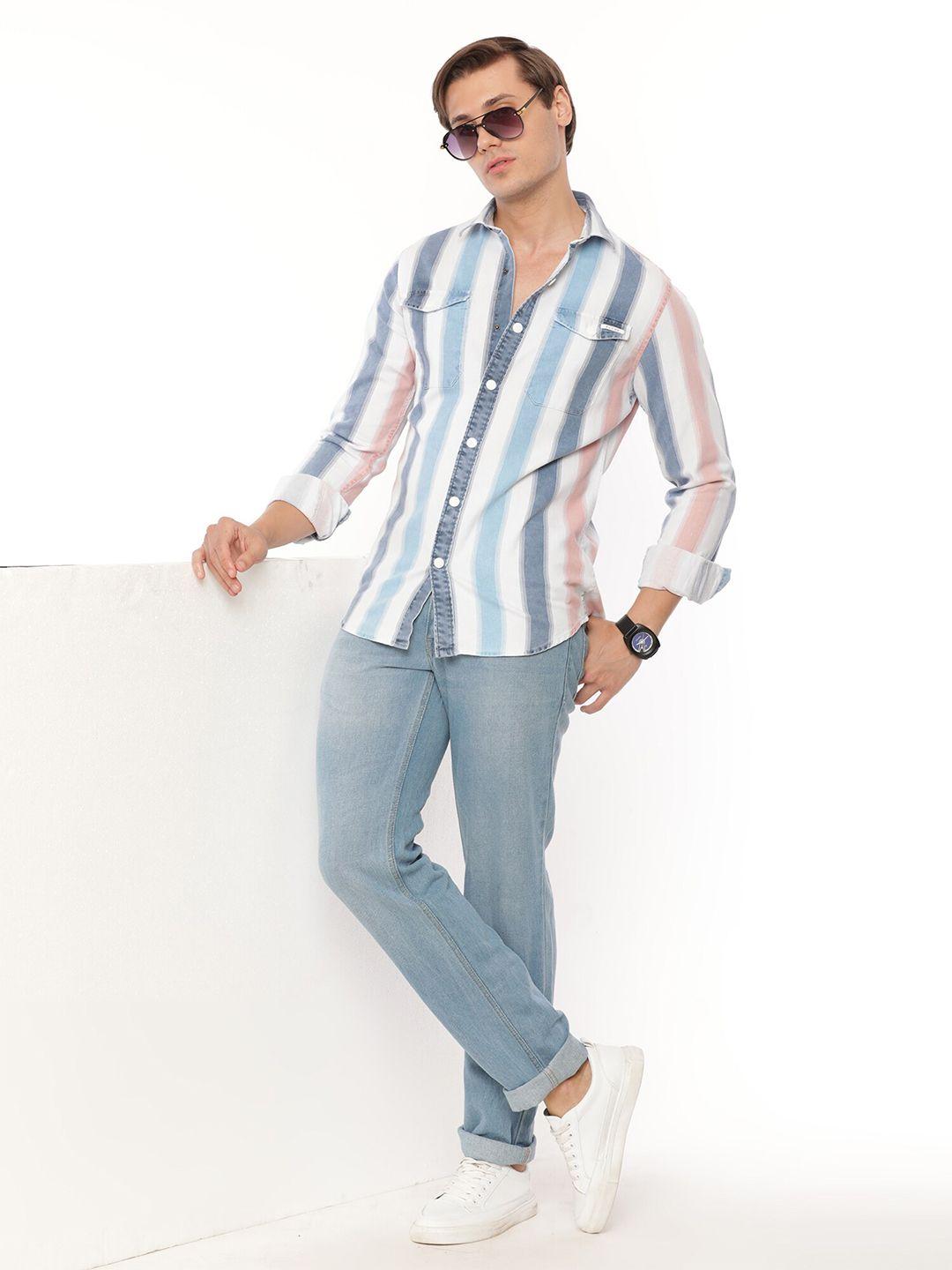 fly 69 vertical striped premium slim fit pure denim casual shirt