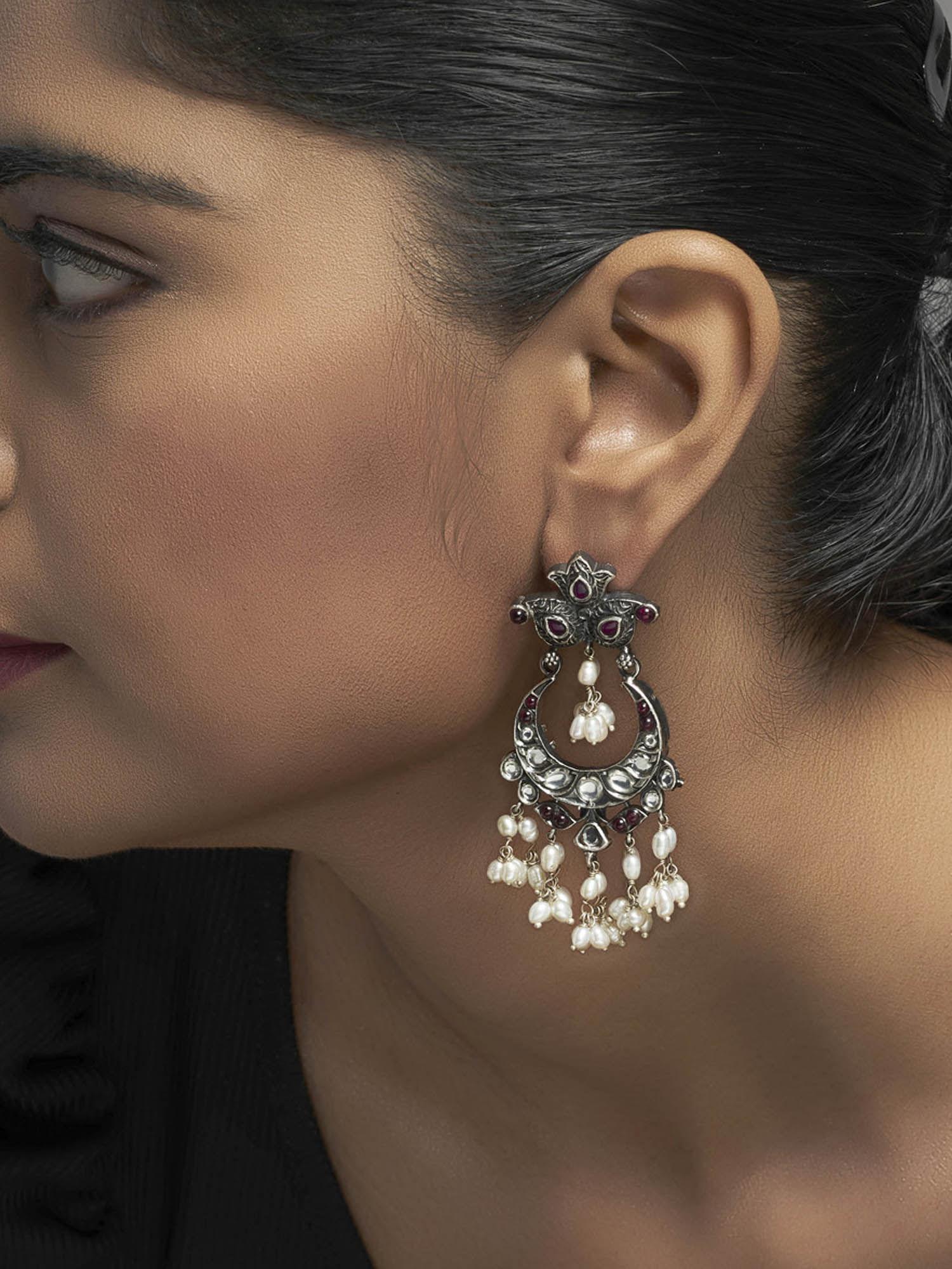 fly by the moon chandballi dangler earrings with pearls and red spinel, cz stones