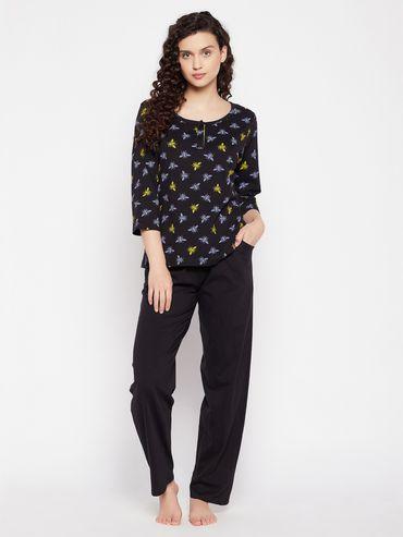 fly print top & solid pyjama in black cotton (set of 2)