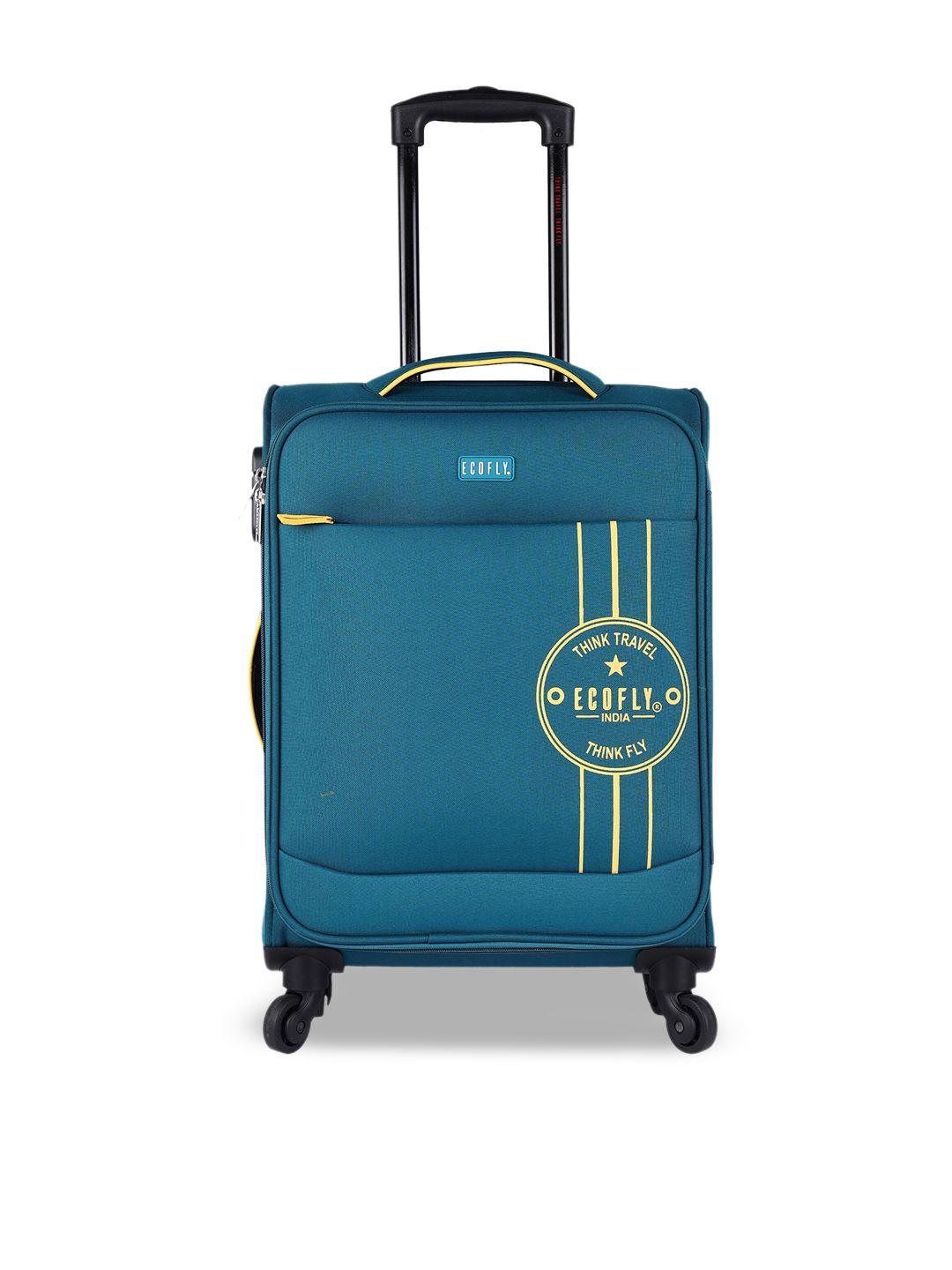 fly teal blue printed trolley suitcase