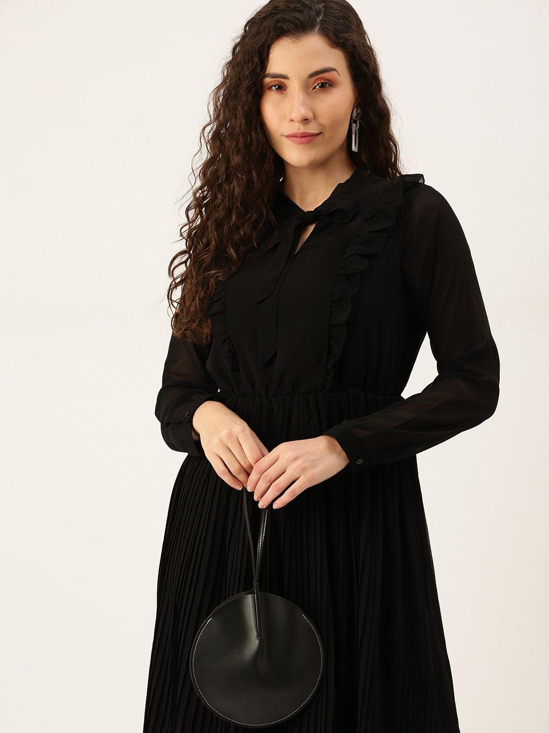 flying machine black tie-up neck cuffed sleeves accordian pleats ruffles fit & flare dress