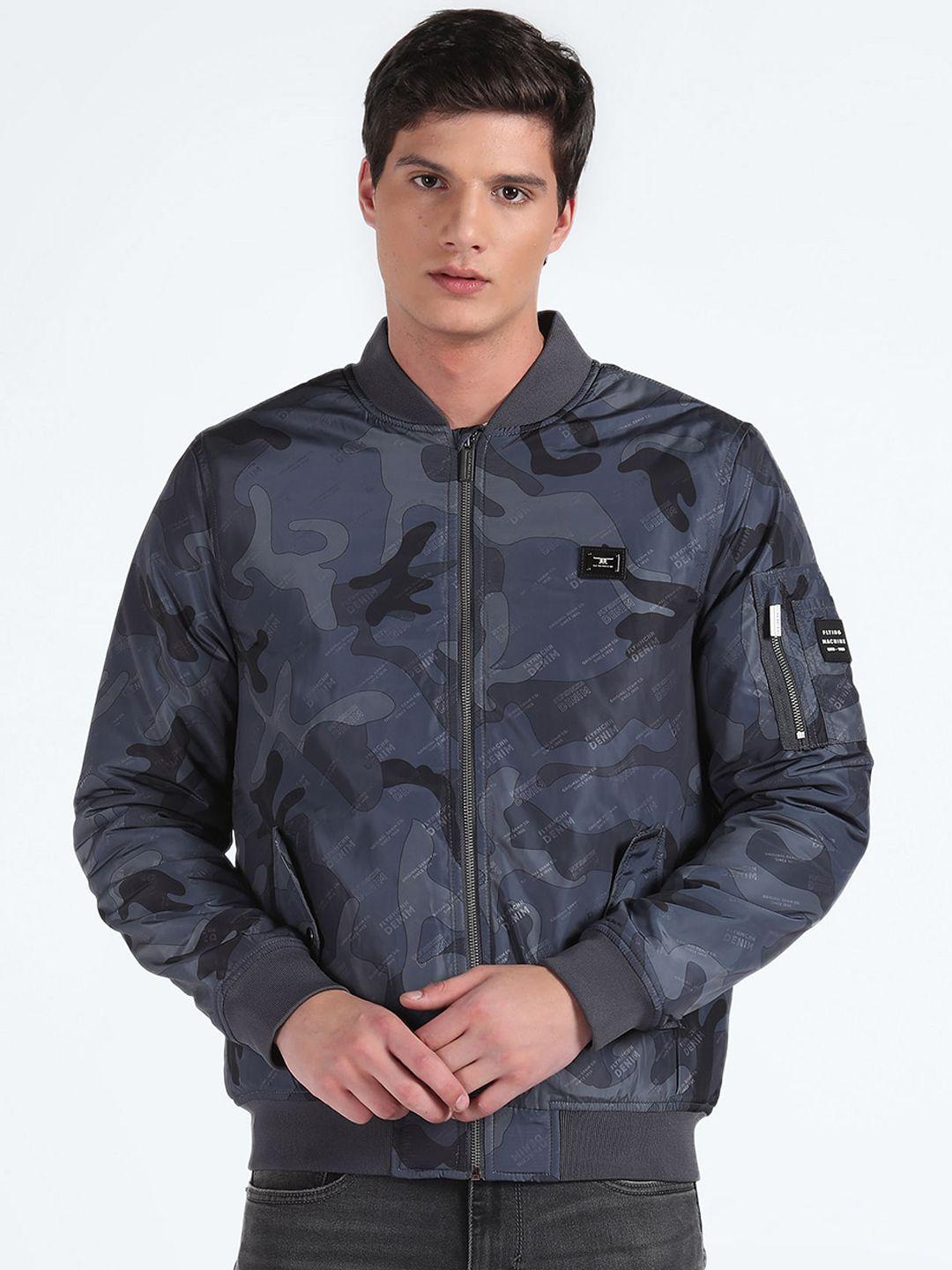 flying machine camouflage printed stand collar long sleeves bomber jacket
