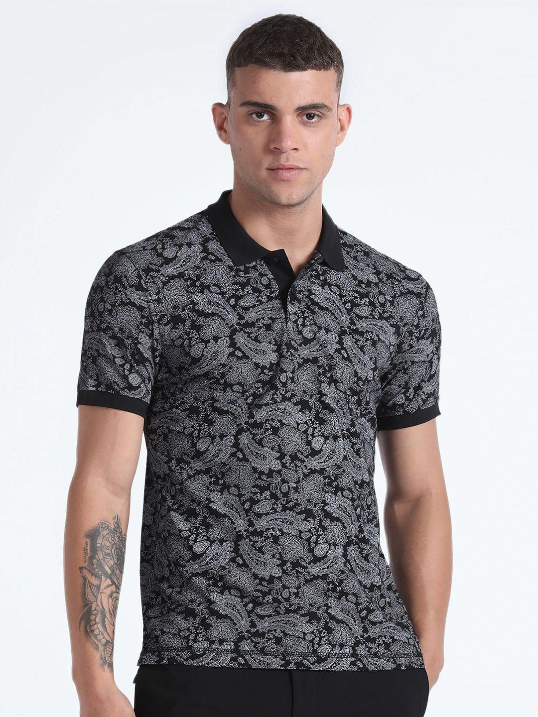 flying machine floral printed polo collar regular fit cotton t-shirt