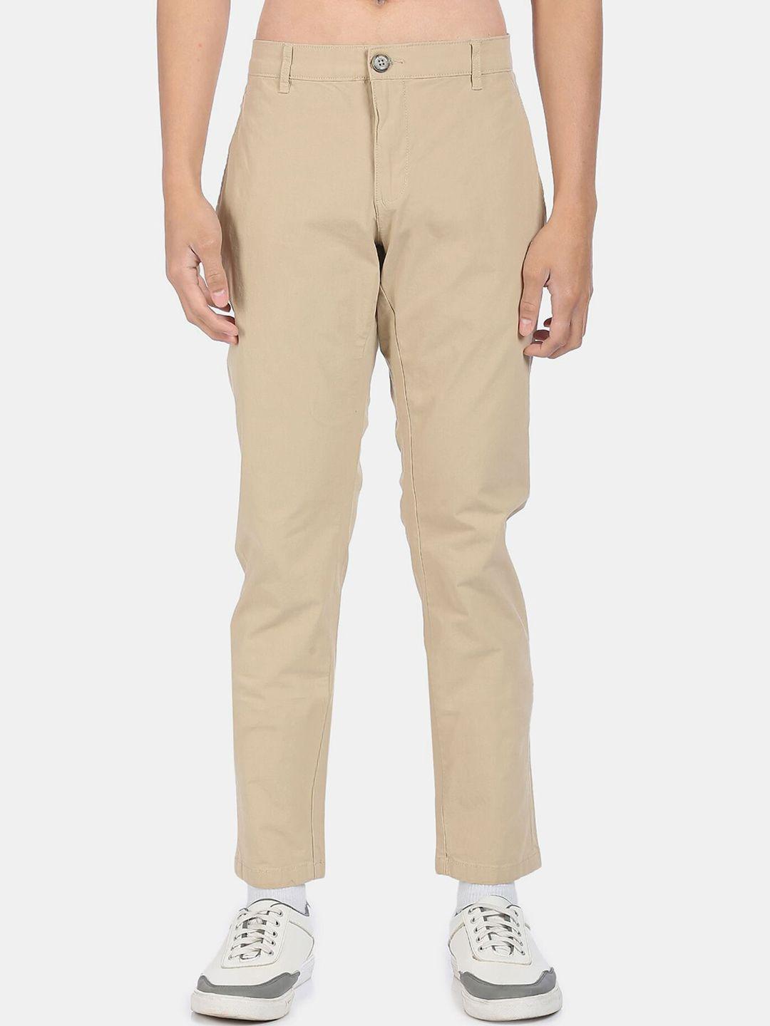 flying machine men beige solid mid rise casual cotton trousers
