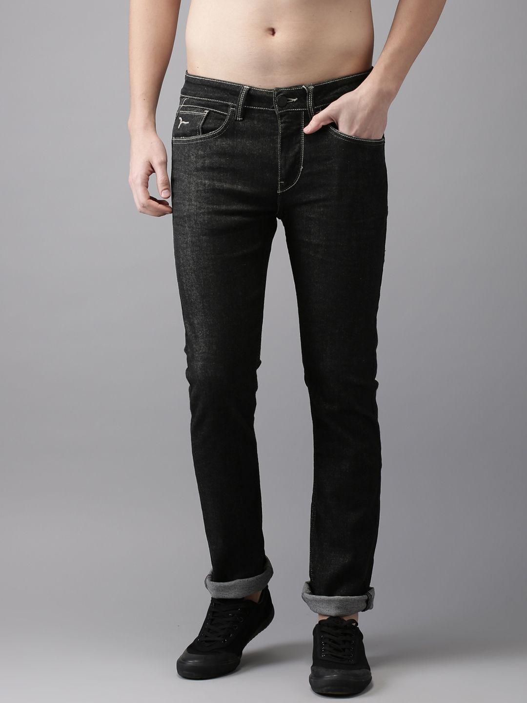 flying machine men black tapered fit mid-rise clean look stretchable jeans