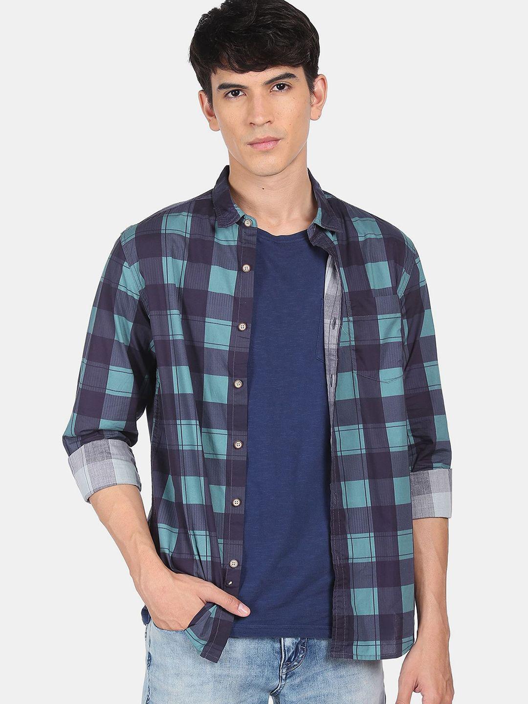 flying machine men blue regular fit checked casual shirt