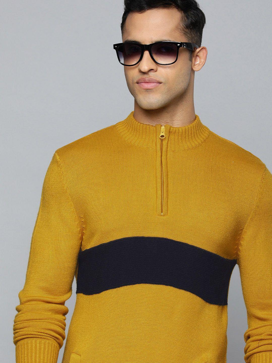 flying machine men mustard yellow acrylic striped pullover