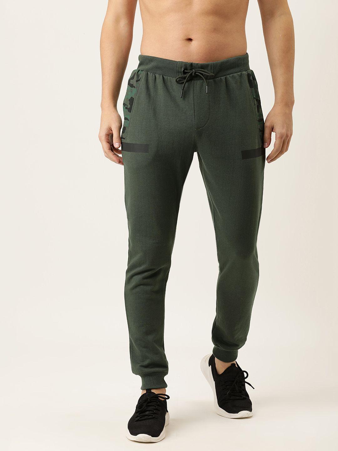 flying machine men olive green solid joggers with printed detailing