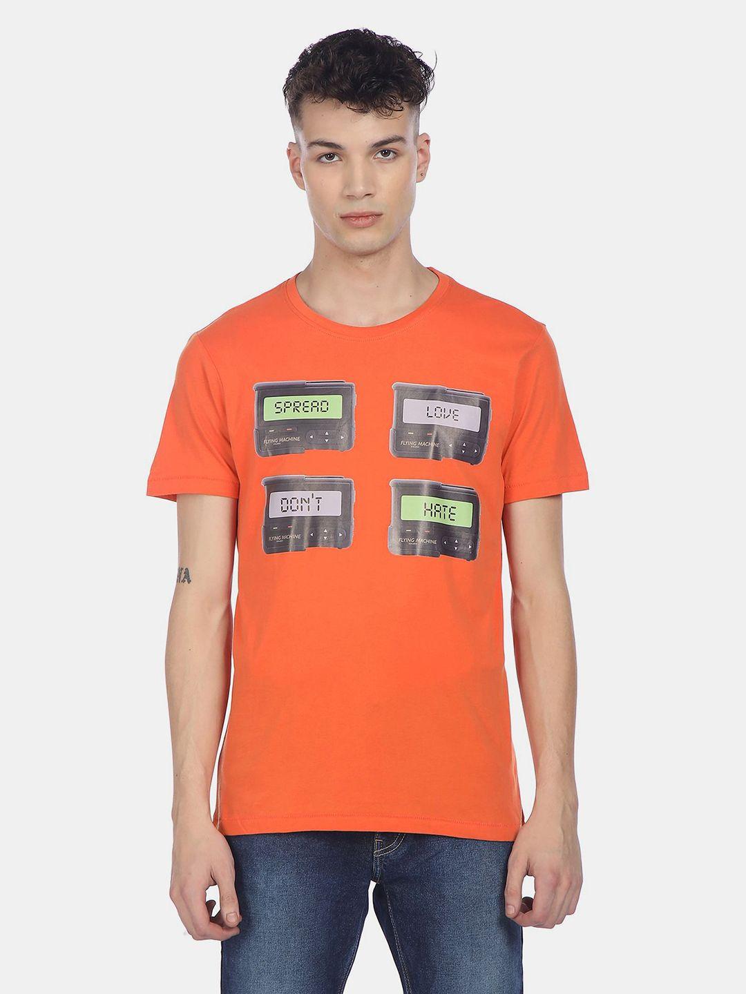 flying machine men orange printed slim fit t-shirt
