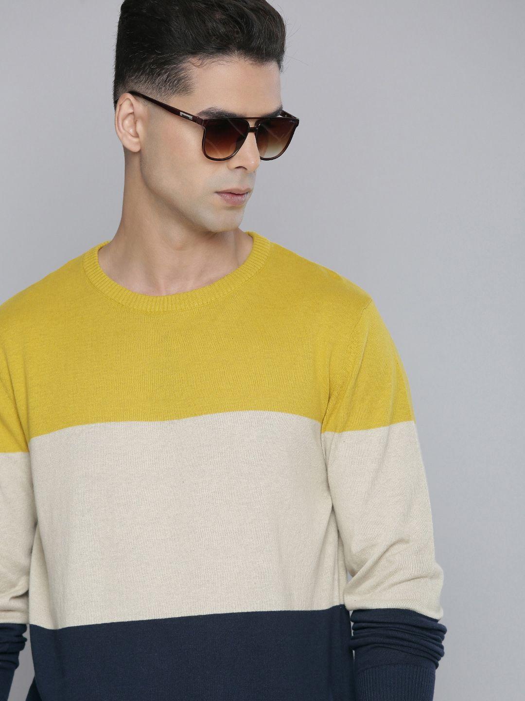 flying machine men yellow & beige colourblocked pure cotton pullover