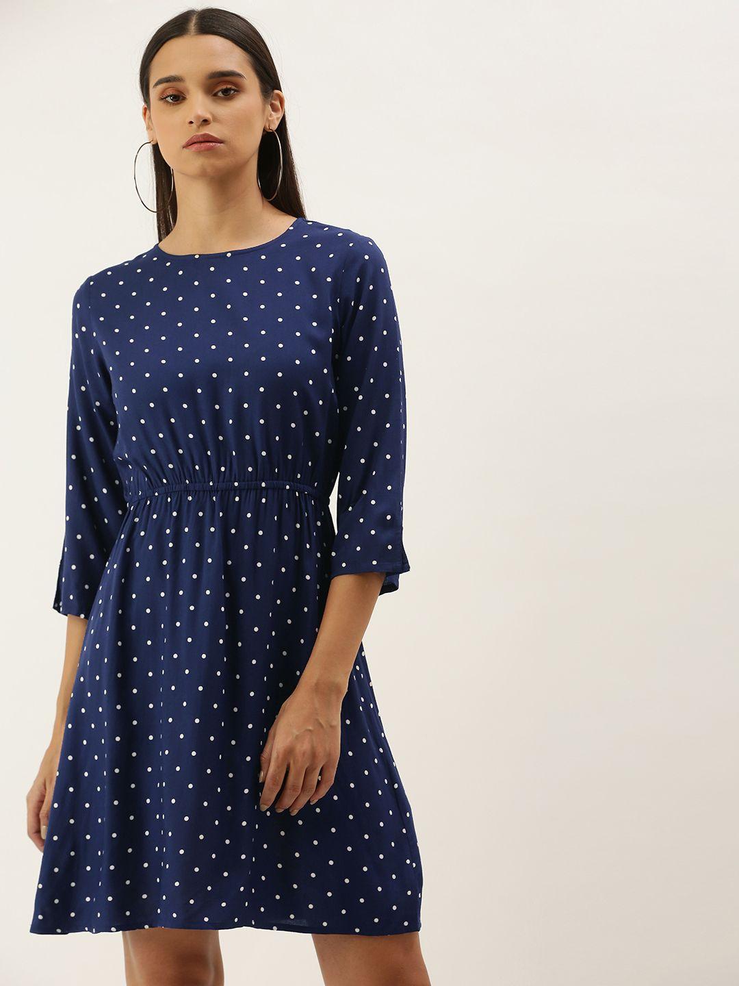 flying machine navy blue & white polka dots print fit and flare dress