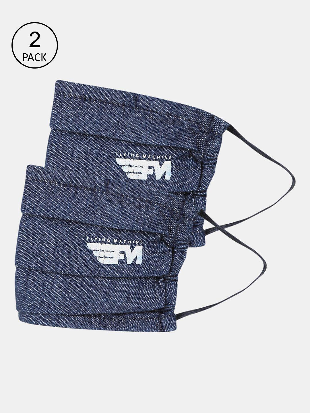 flying machine unisex pack of 2 blue & white solid 3-ply reusable denim cloth masks