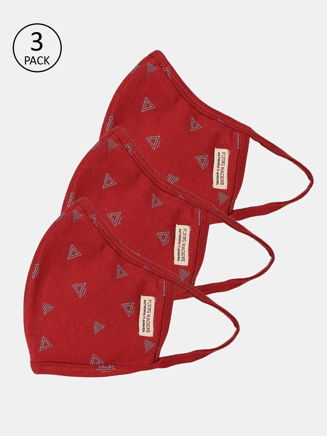 flying machine unisex pack of 3 red & grey printed 3-ply reusable cloth masks