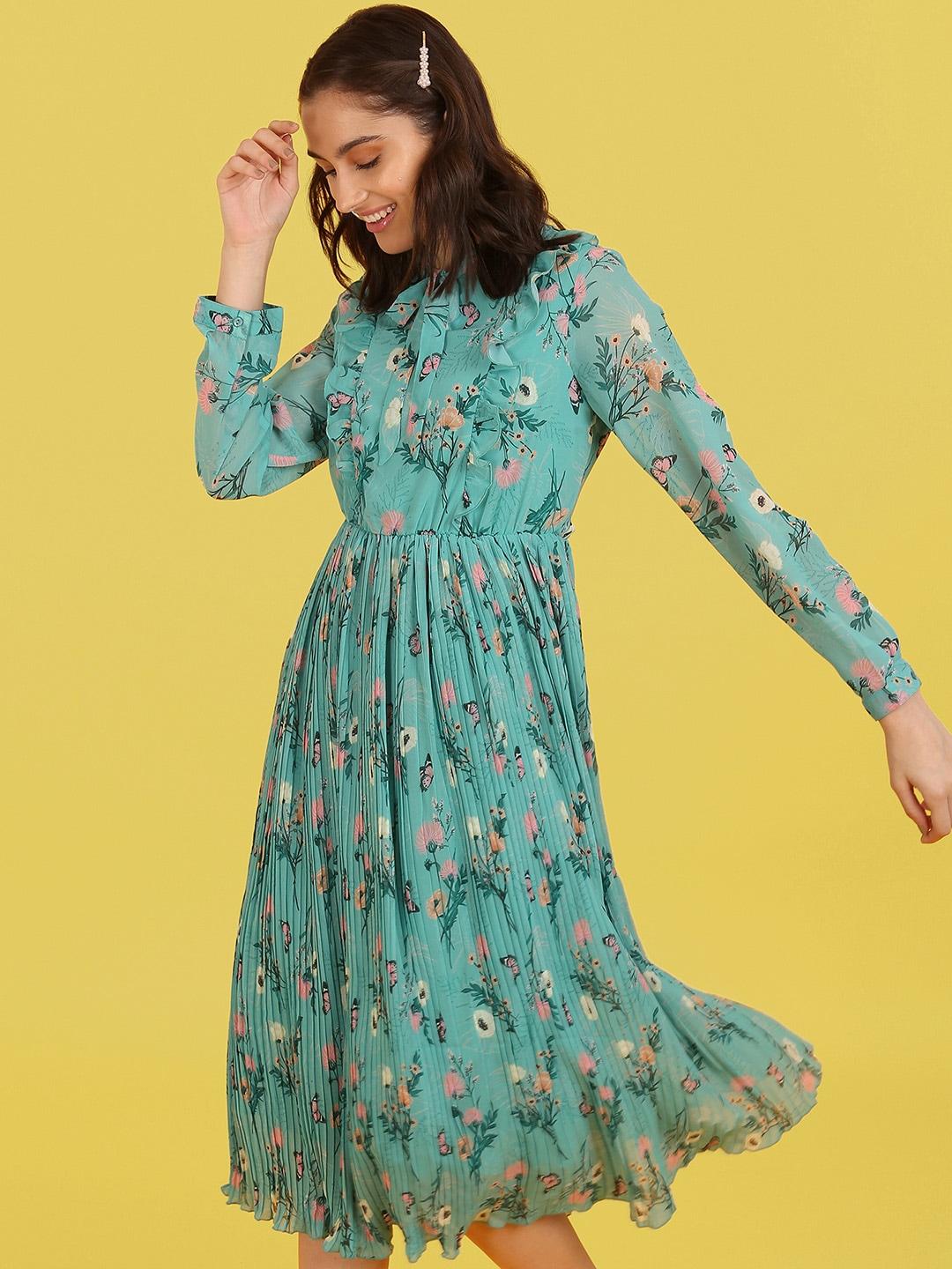 flying machine woman green floral tie-up neck a-line midi dress
