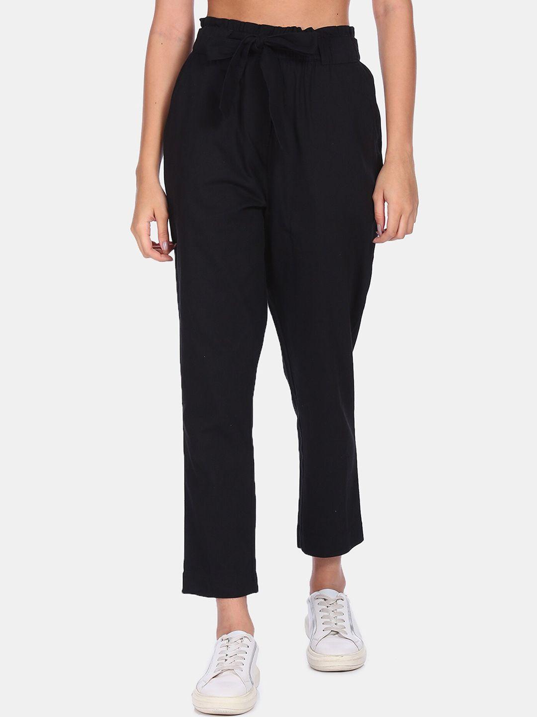 flying machine women black solid mid rise pleated trousers