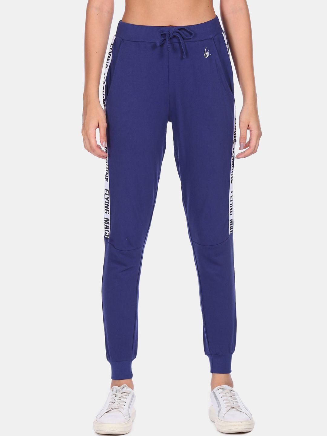 flying machine women blue solid straight-fit pure cotton joggers