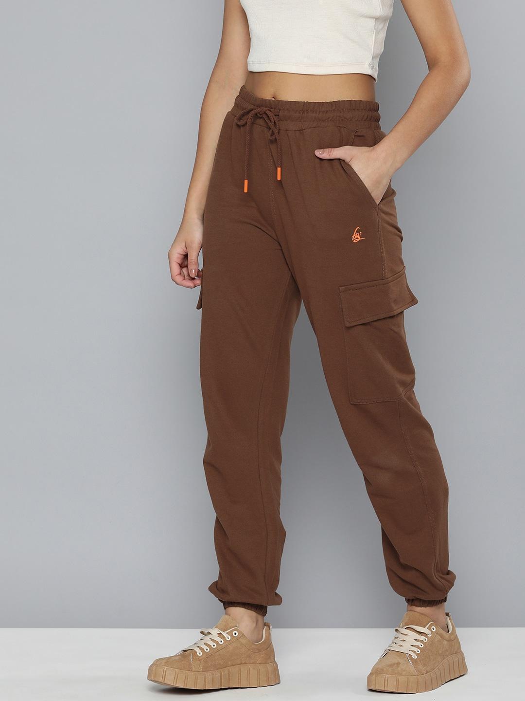 flying machine women brown solid pure cotton joggers with oversized pockets