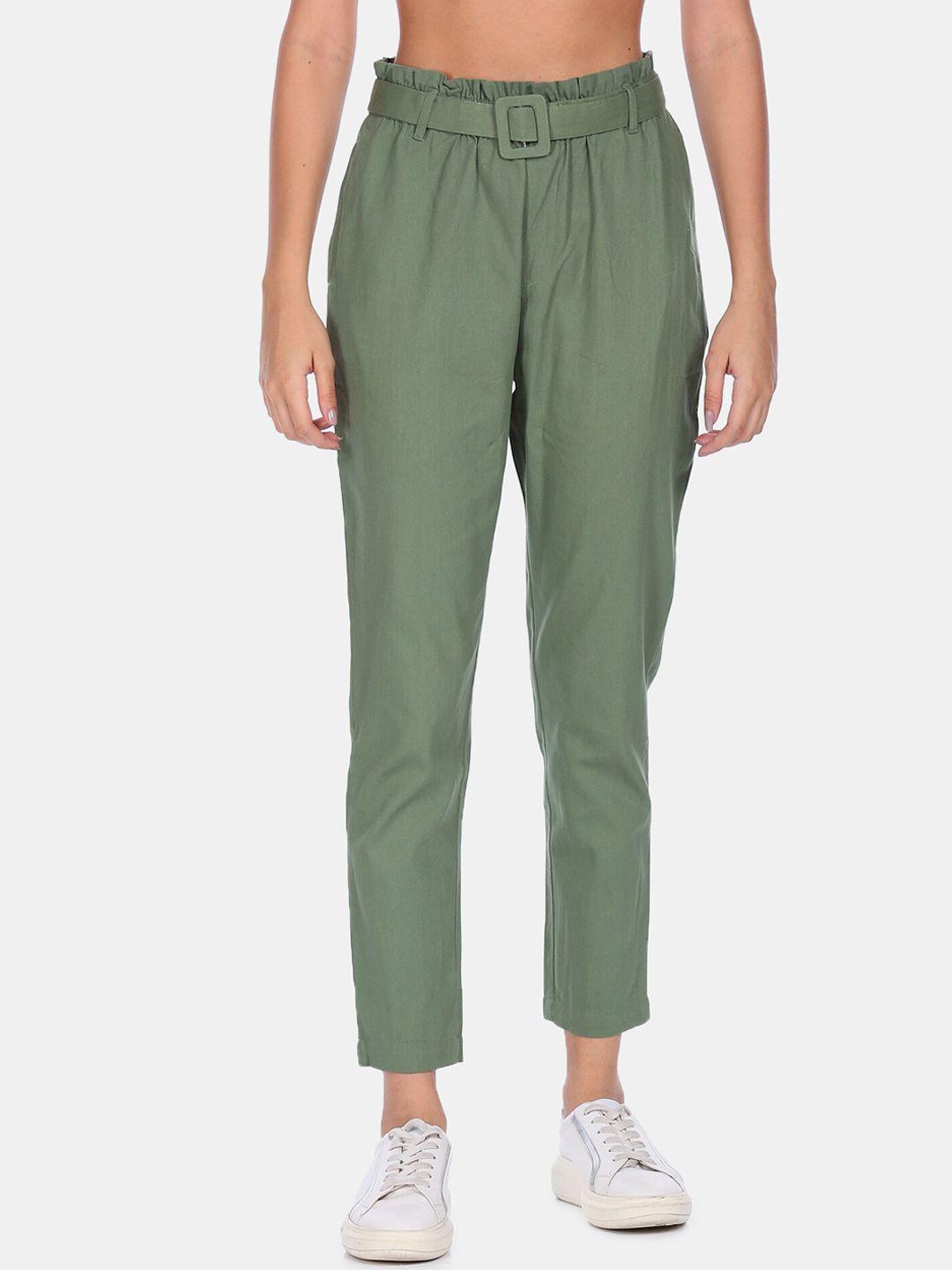 flying machine women green pleated pure cotton trousers with belt