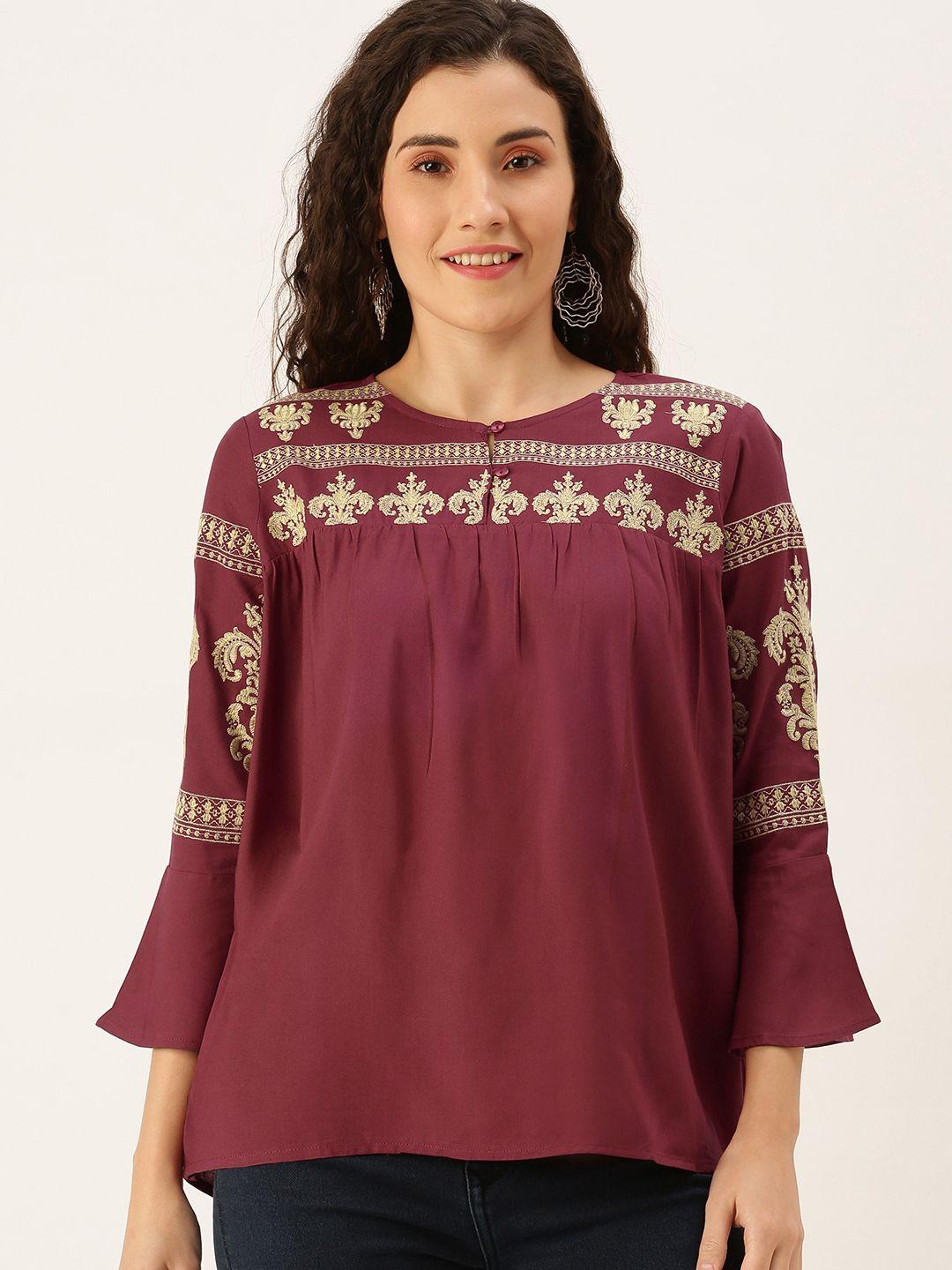 flying machine women maroon embroidered blouson top