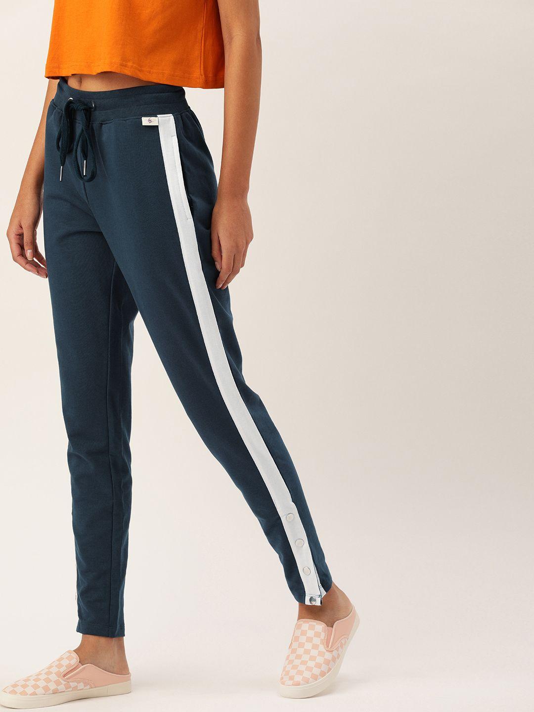 flying machine women navy blue solid track pants with side stripe detail