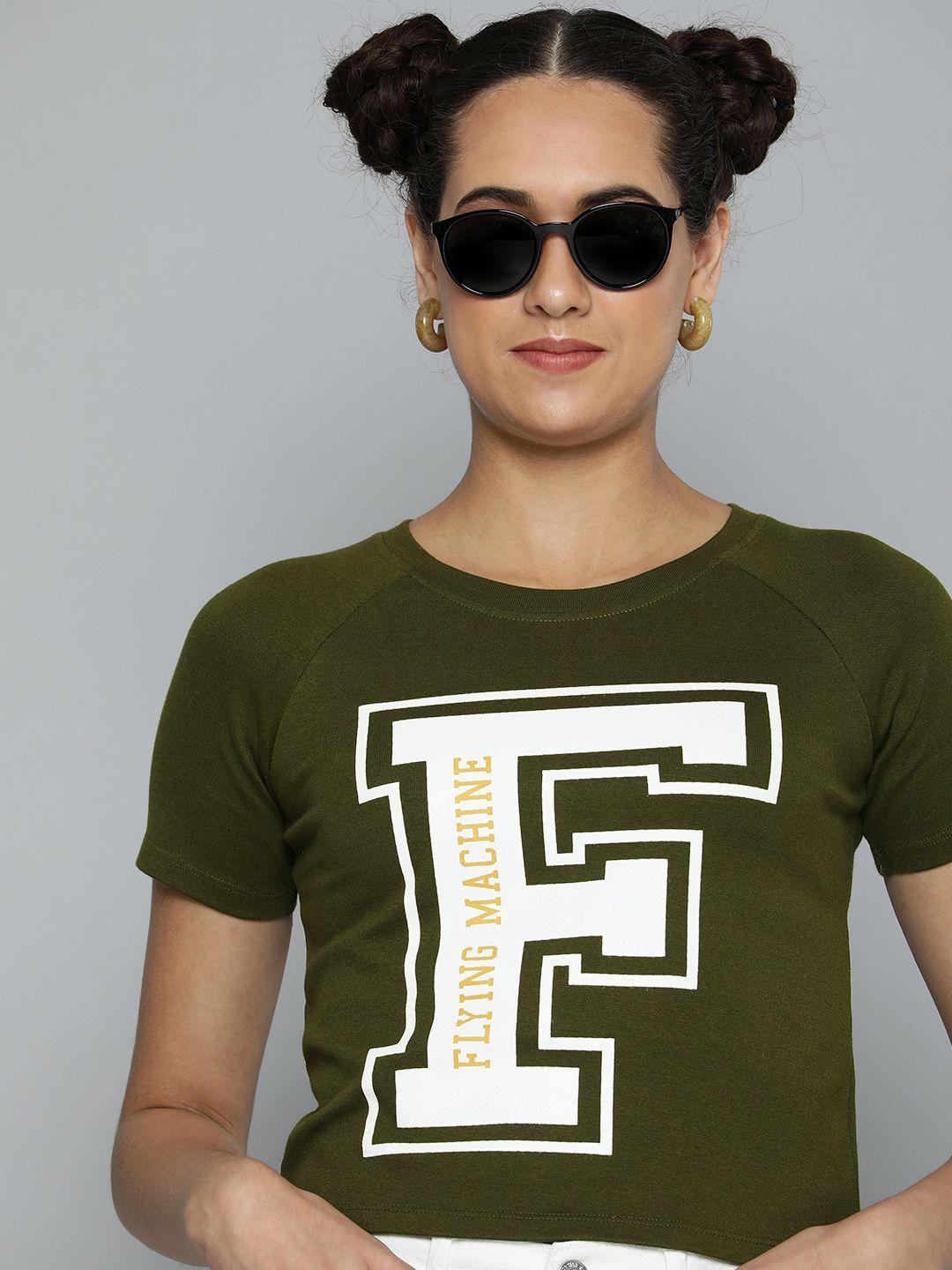 flying machine women olive green brand logo printed boxy cropped t-shirt