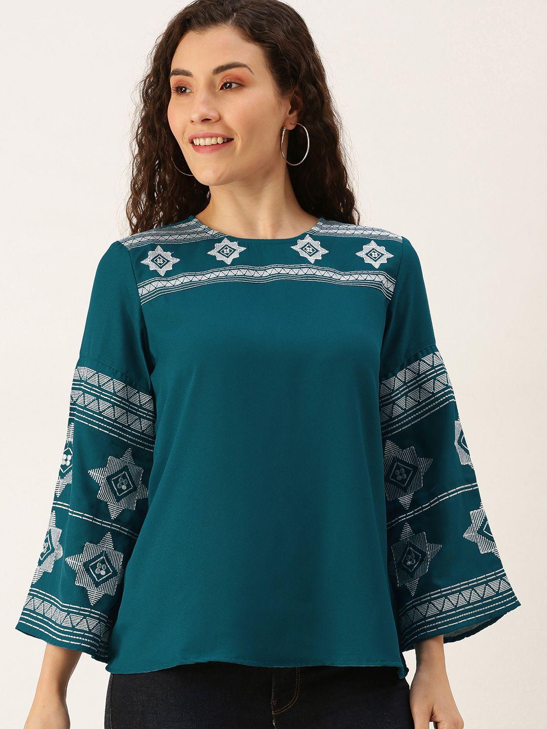 flying machine women teal & white embroidered top