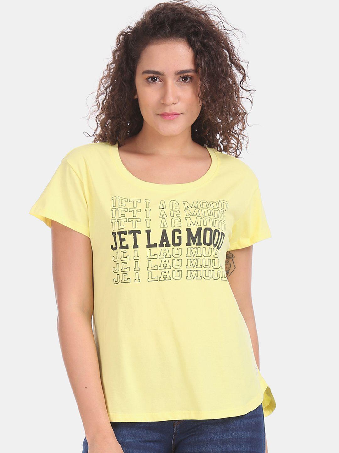 flying machine women yellow & black printed round neck t-shirt
