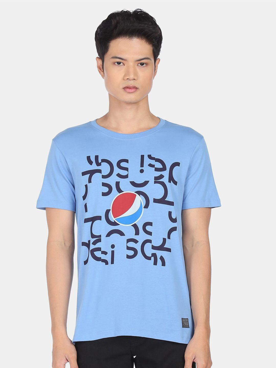 flying machine x pepsi men blue typography printed raw edge pure cotton t-shirt