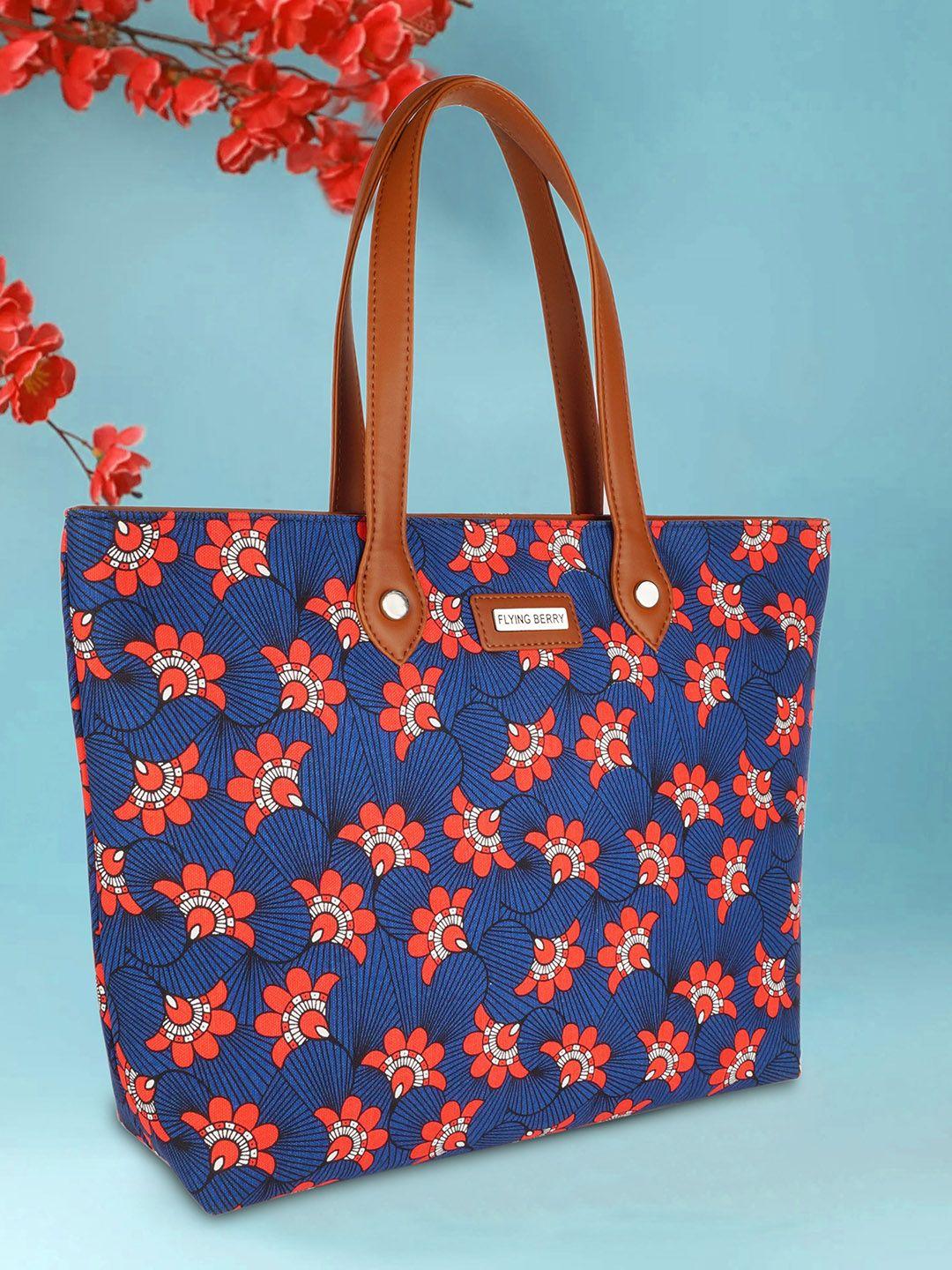 flying berry blue floral printed shopper tote bag with bow detail