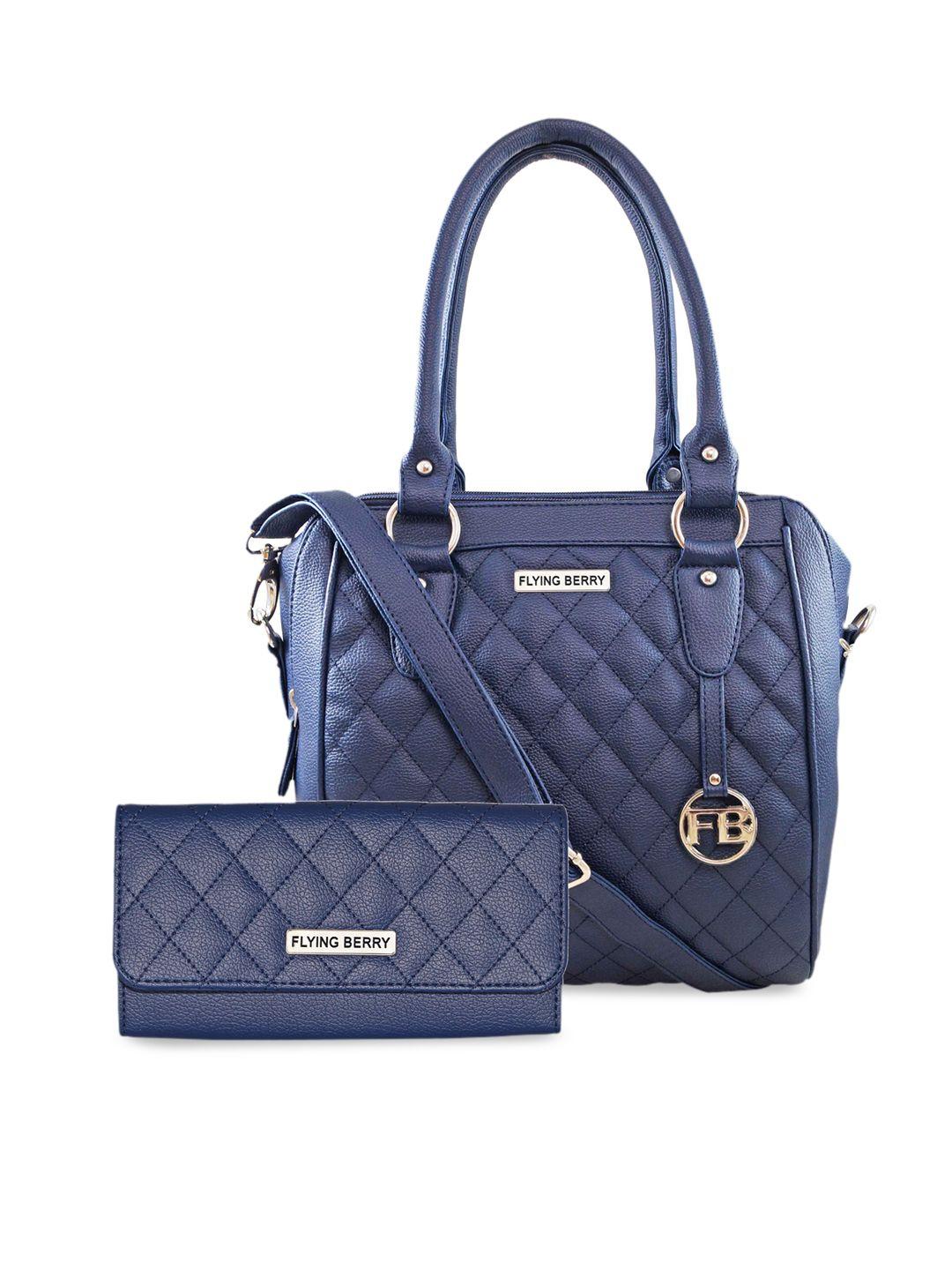 flying berry blue textured pu structured handheld bag with quilted