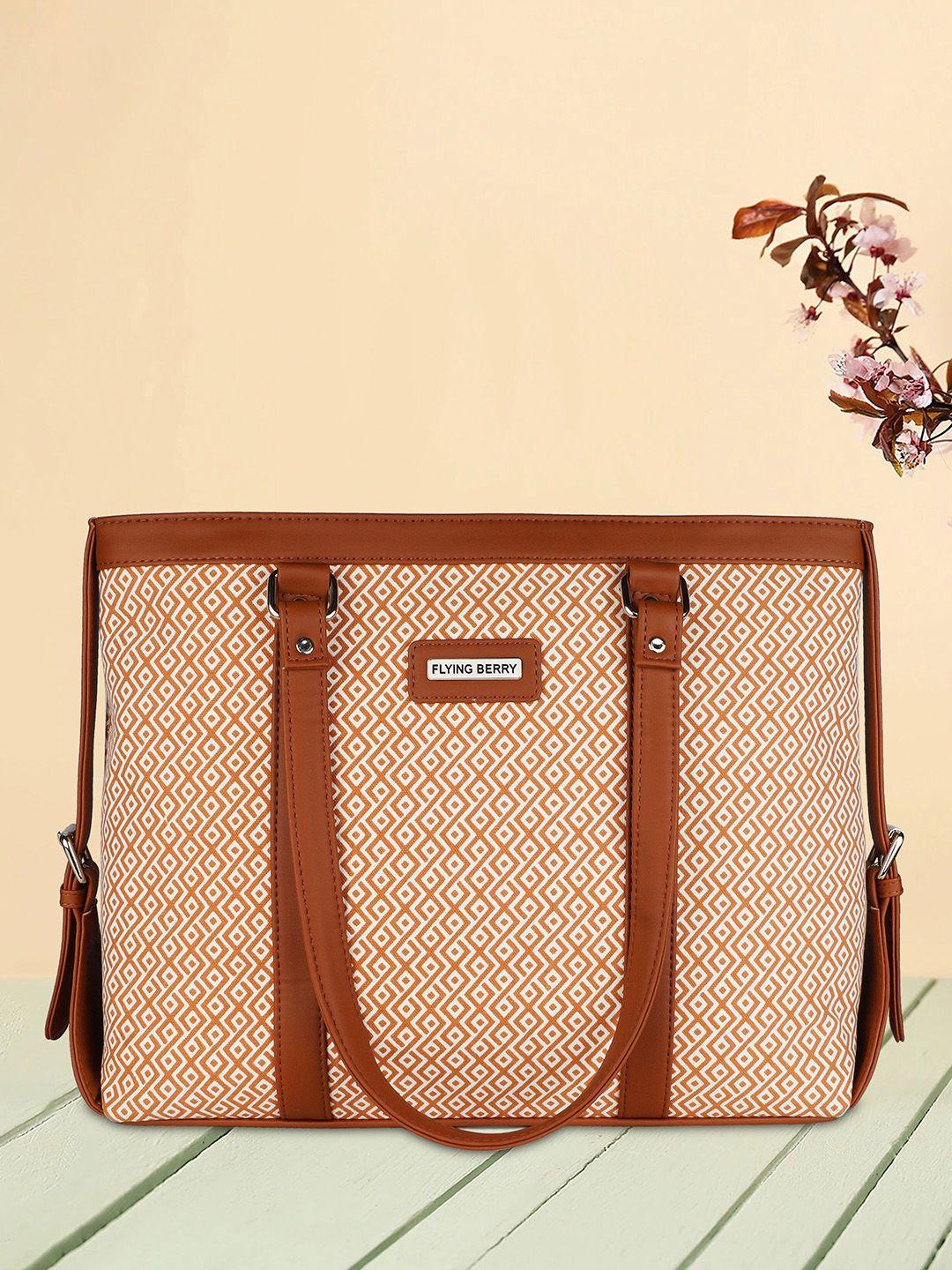 flying berry women tan & white printed laptop bag