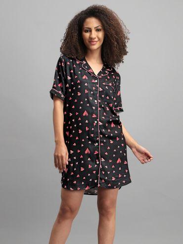 flying hearts liva rayon twill collared nightwear sleepshirt-black